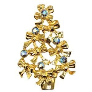 Vintage Brooch Christmas Tree Pin Gold Tone AB Rhinestones AVON 1992